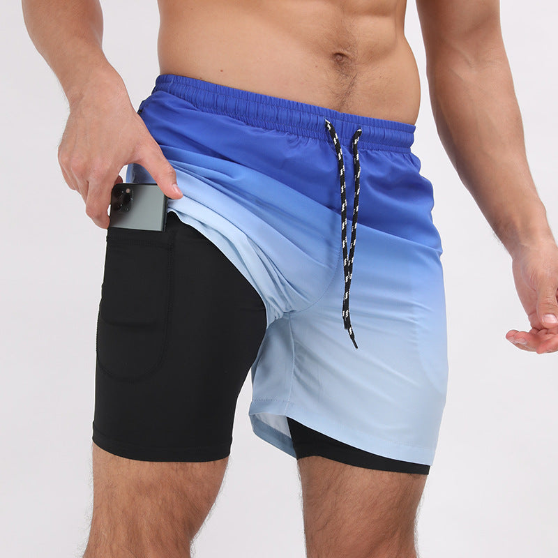 Men's Gym Training Gradient Printed Shorts Double Layer Casual Sport Shorts